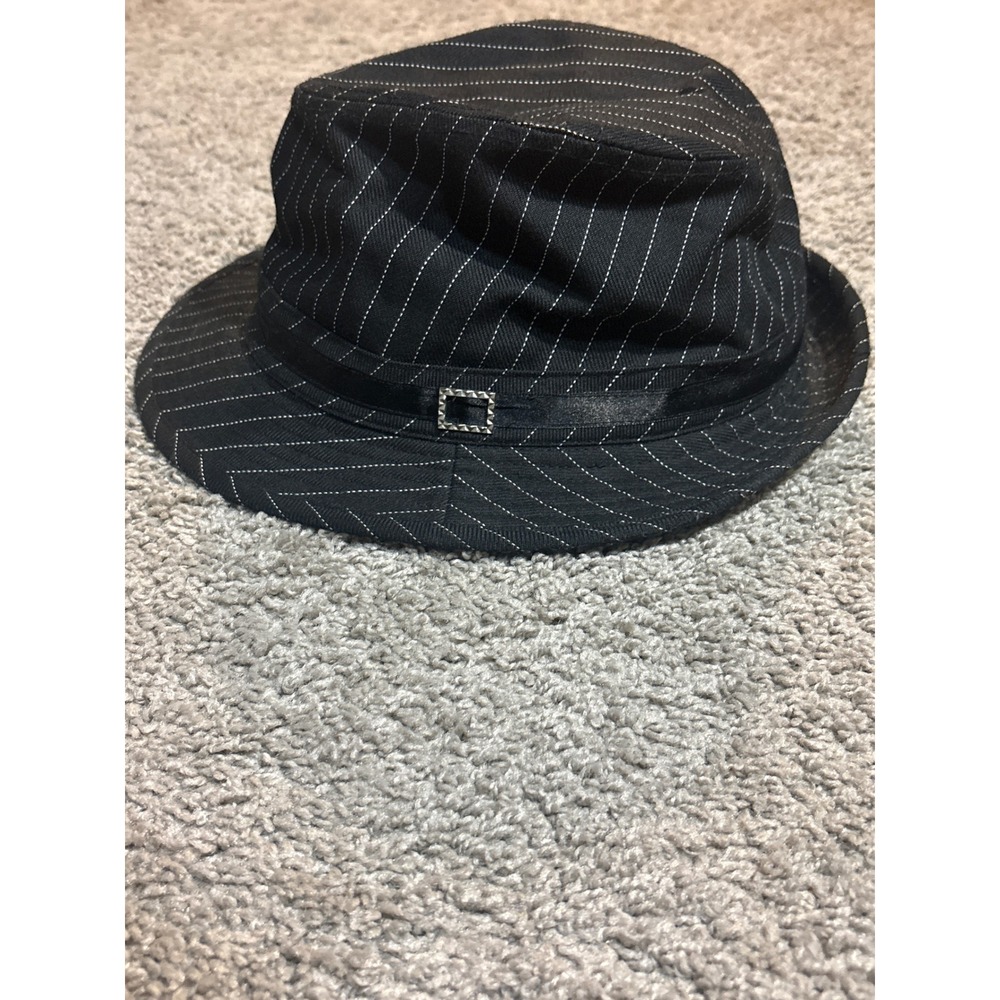 David & Young Black Pinstripe Fedora Hat Rhinestone Buckle women's Y2K One Size
